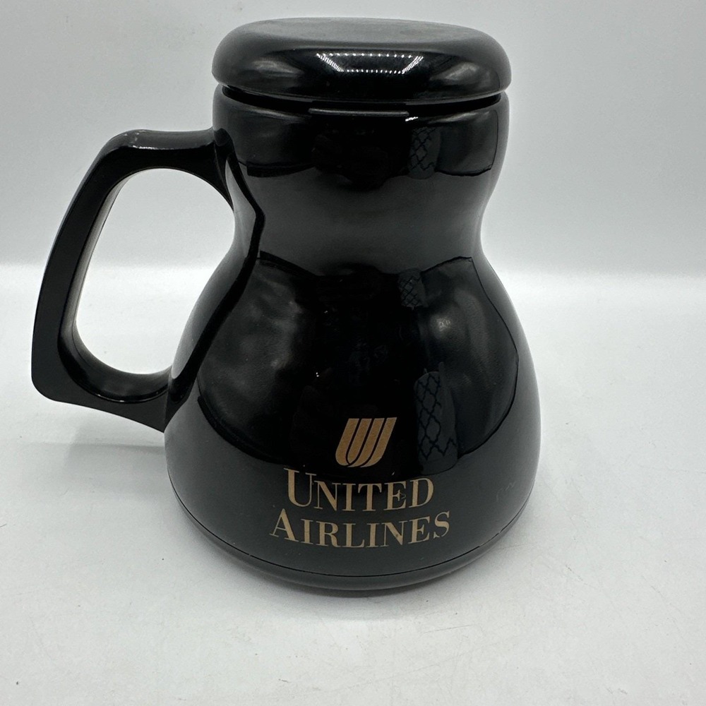 United Airlines "Spill Proof" Black Plastic Mug With Top & Lid